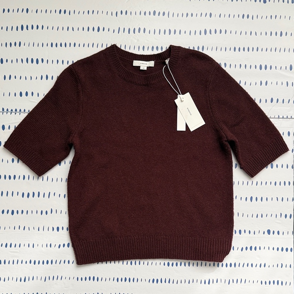 Vince Burgundy Short Sleeve Wool Blend Sweater - Picture 2 of 4